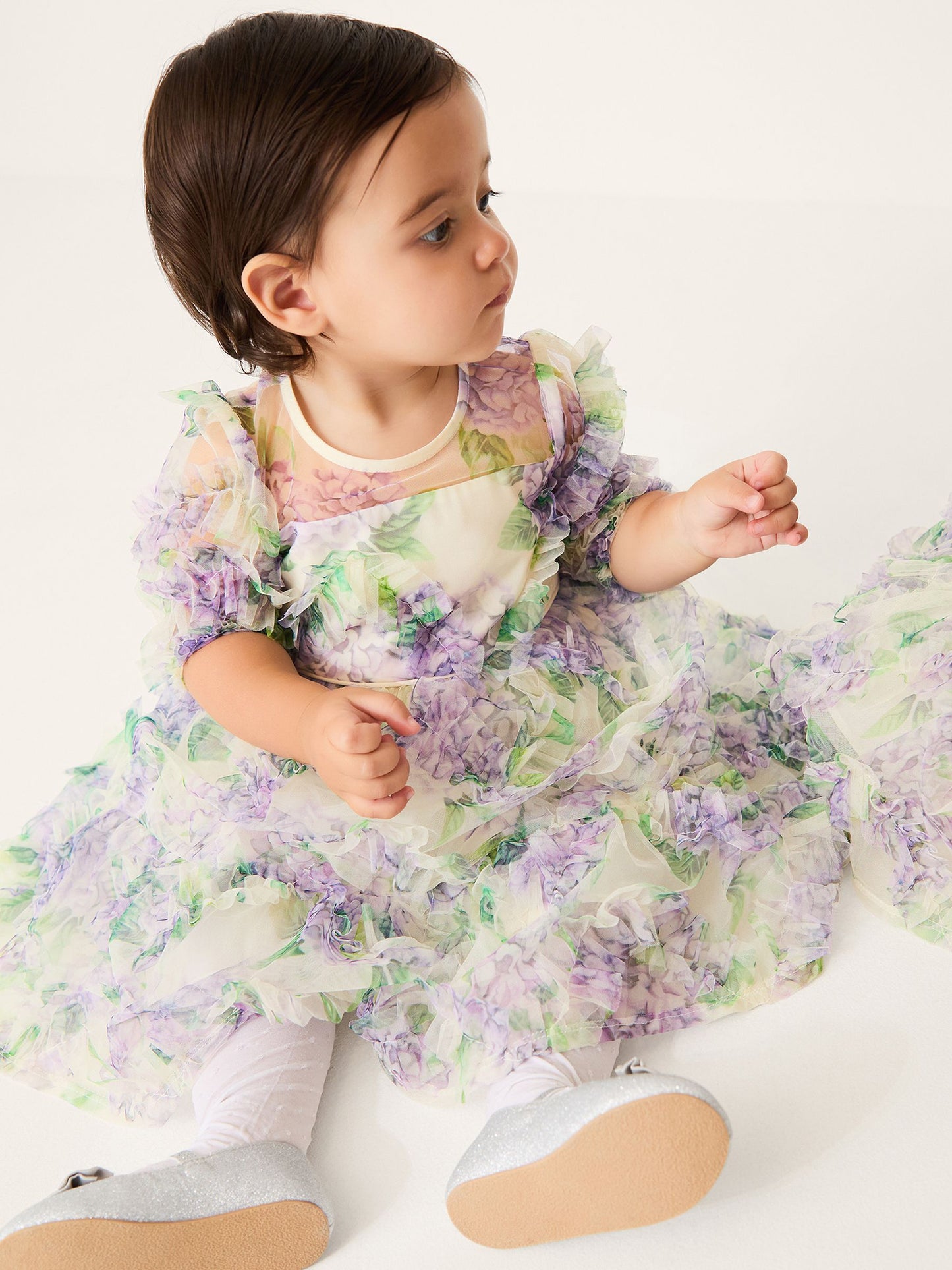 Monsoon Purple Baby Hydrangea Print Ruffle Dress image 1