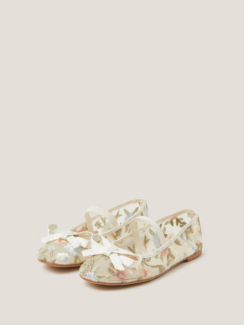 Monsoon Cream Floral Embroidered Mesh Ballet Flats image 1