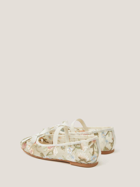 Monsoon Cream Floral Embroidered Mesh Ballet Flats image 2