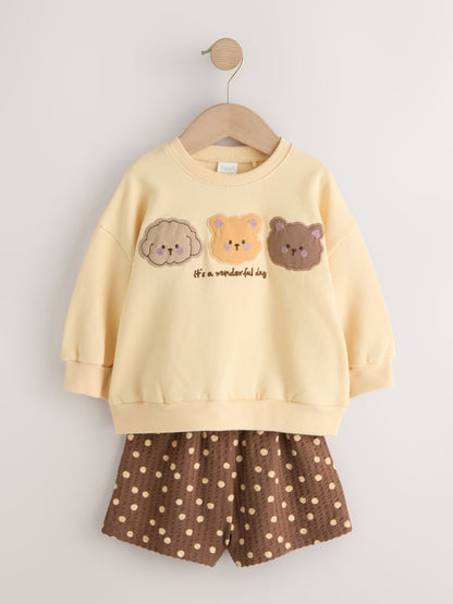 Chocolate Brown Bear Crew Neck Sweatshirt & Shorts Set (3mths-7yrs) image 1