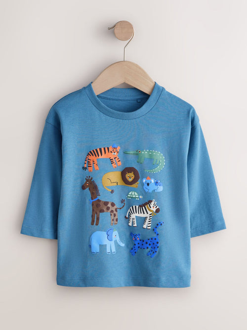 Blue Safari Animals Long Sleeve Graphic Print T-Shirt (3mths-8yrs) image 1