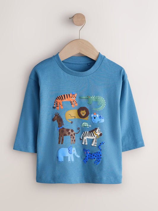 Blue Safari Animals Long Sleeve Graphic Print T-Shirt (3mths-8yrs) image 1