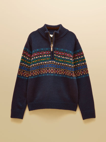 Joules Boys' Hillside Navy Fair Isle Knit Quarter Zip Jumper - image 1