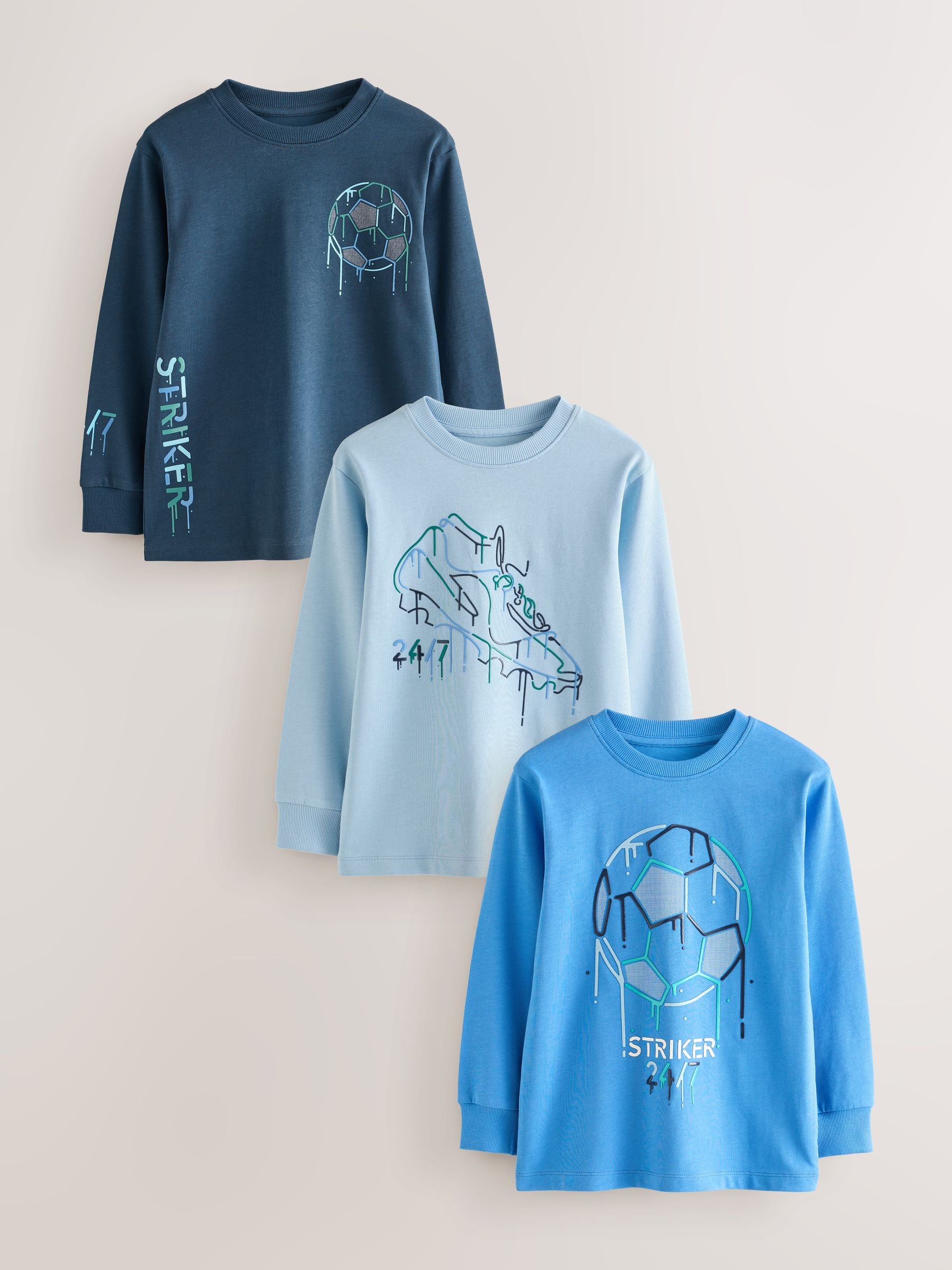 Dsiney Kidz - Blue Football Graphic Long Sleeve Relaxed Fit T-Shirts 3 Pack (3-16yrs) image 4