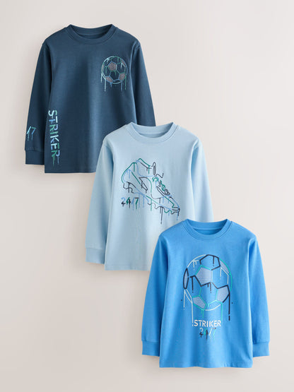 Dsiney Kidz - Blue Football Graphic Long Sleeve Relaxed Fit T-Shirts 3 Pack (3-16yrs) image 4