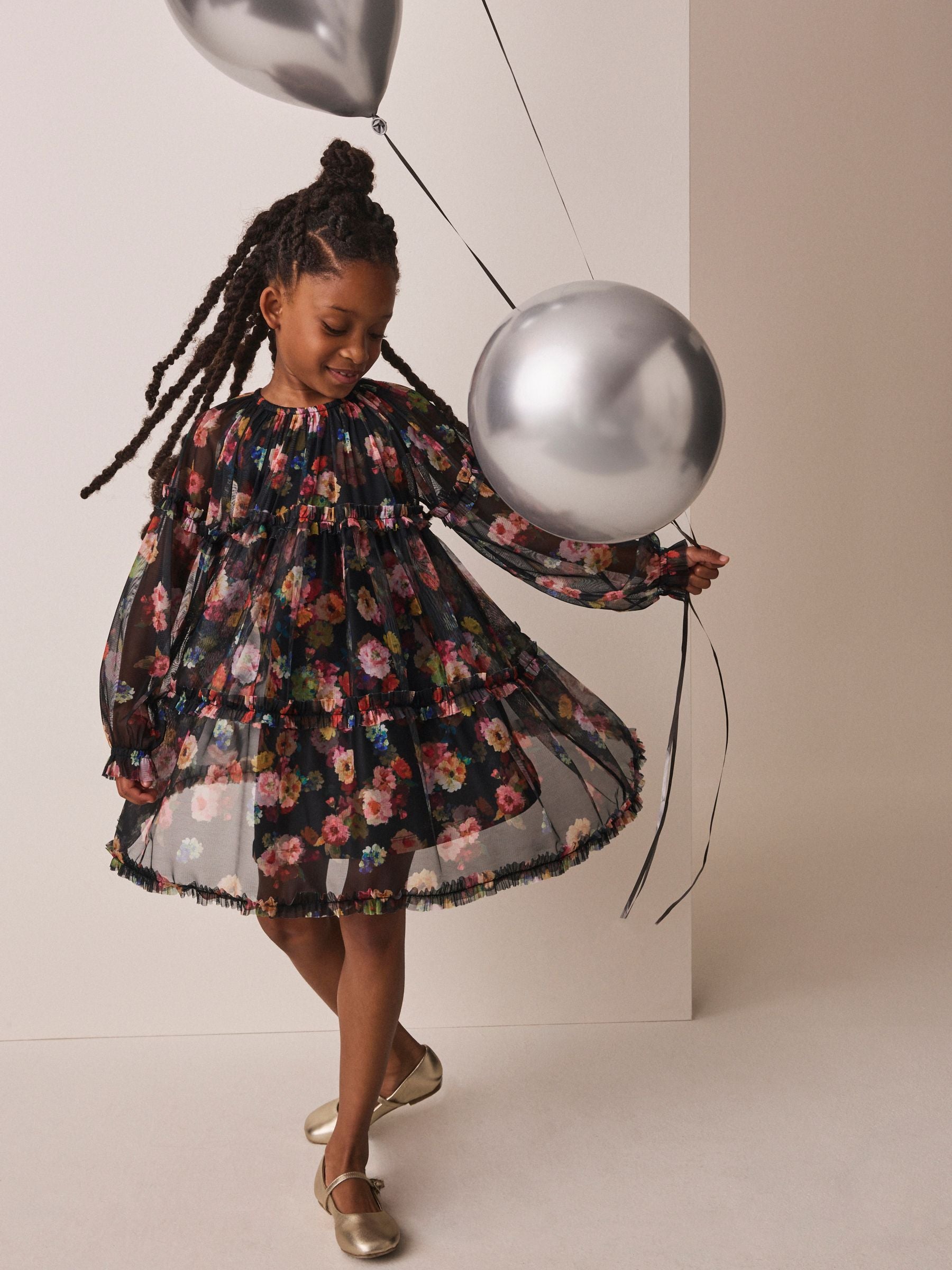 Dsiney Kidz - Black Floral Long Sleeve Mesh Dress (3-16yrs) image 1