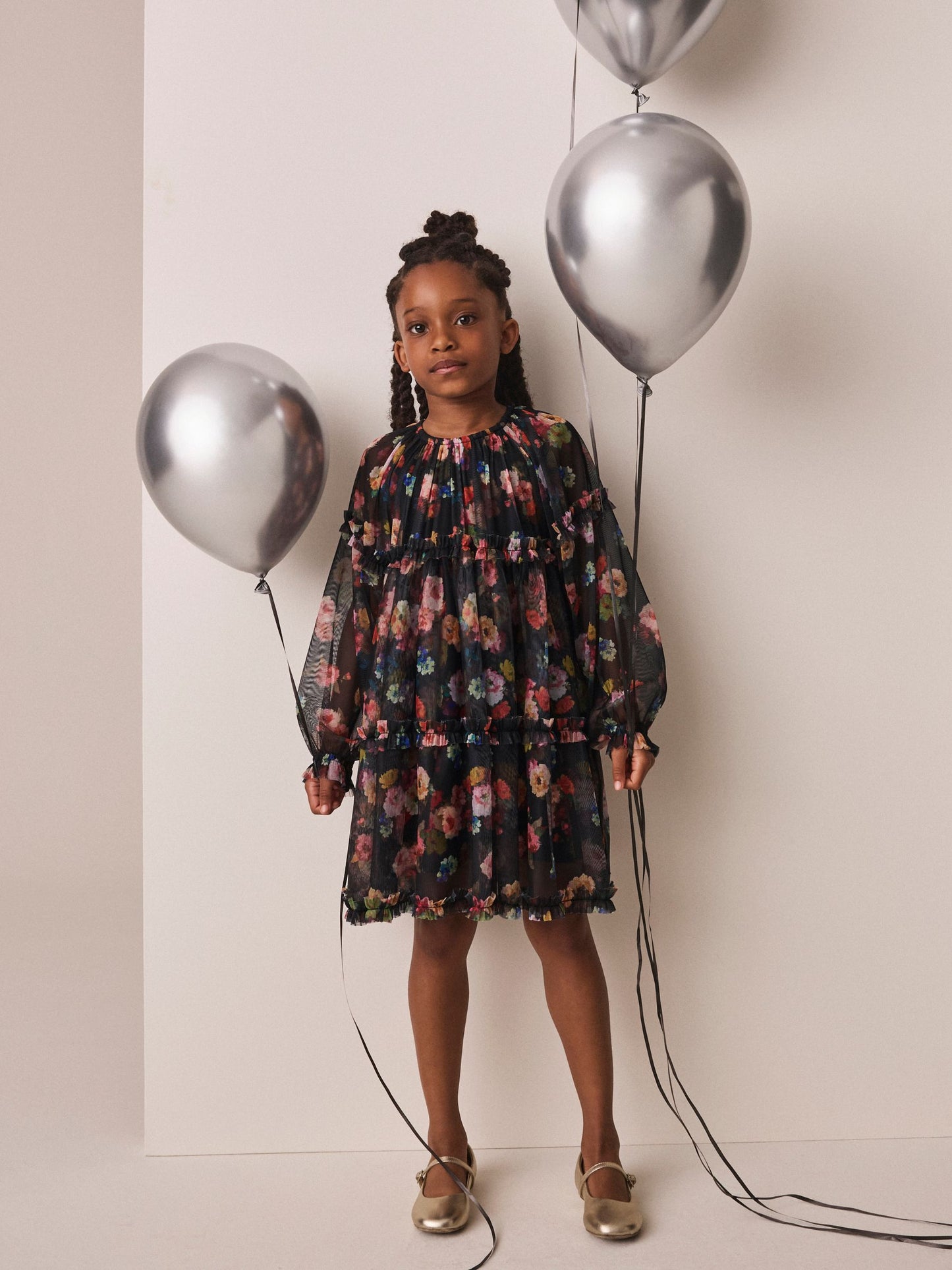 Dsiney Kidz - Black Floral Long Sleeve Mesh Dress (3-16yrs) image 2