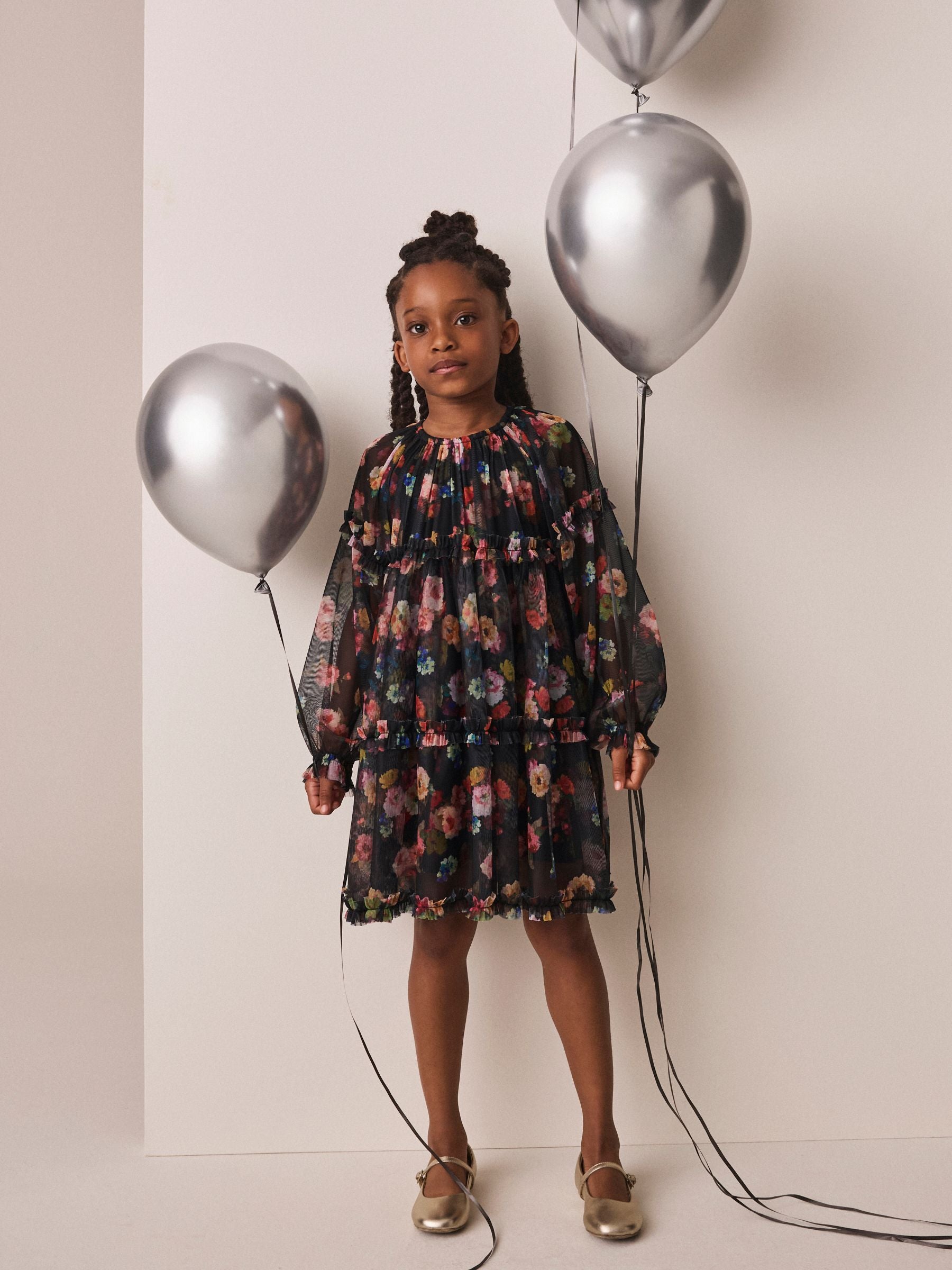 Dsiney Kidz - Black Floral Long Sleeve Mesh Dress (3-16yrs) image 2