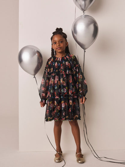Dsiney Kidz - Black Floral Long Sleeve Mesh Dress (3-16yrs) image 2