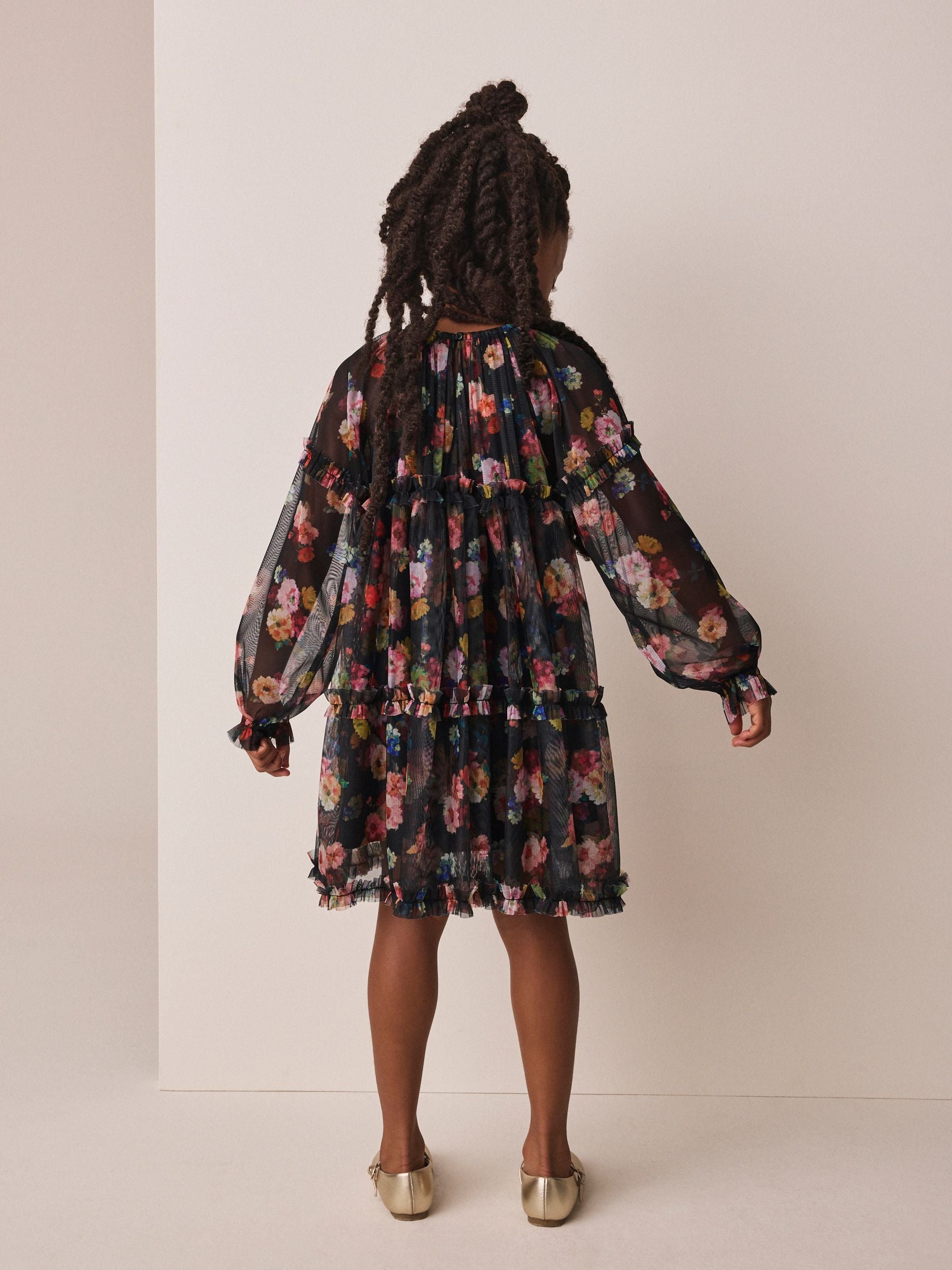 Dsiney Kidz - Black Floral Long Sleeve Mesh Dress (3-16yrs) image 3