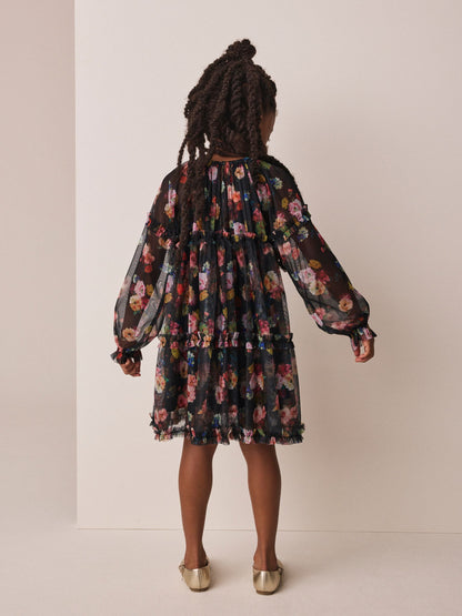Dsiney Kidz - Black Floral Long Sleeve Mesh Dress (3-16yrs) image 3