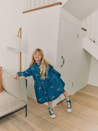 Dsiney Kidz - Blue Tiered Denim Dog Embroidered Dress (3-16yrs) image 6