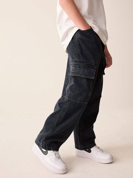 Dark Grey Denim Wide Fit Pull On Cargo Trousers (3-16yrs) - image 1