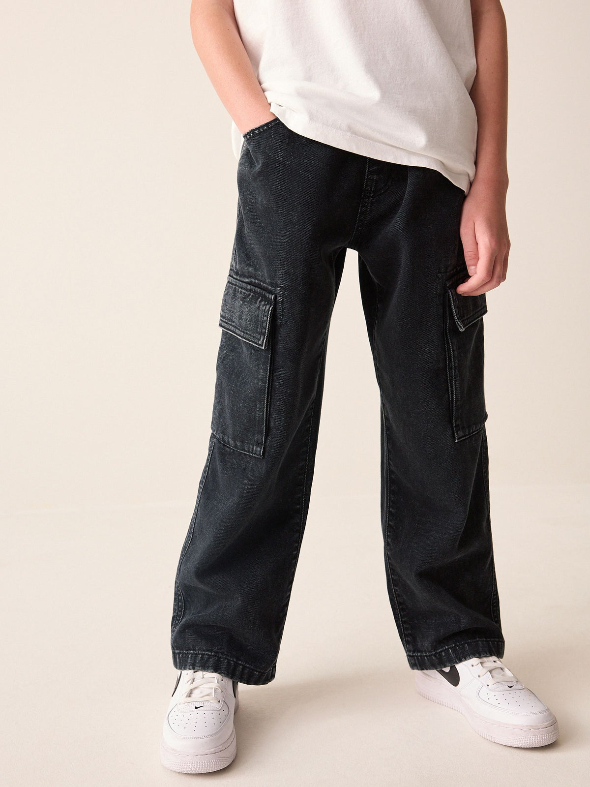 Dark Grey Denim Wide Fit Pull On Cargo Trousers (3-16yrs) - image 3
