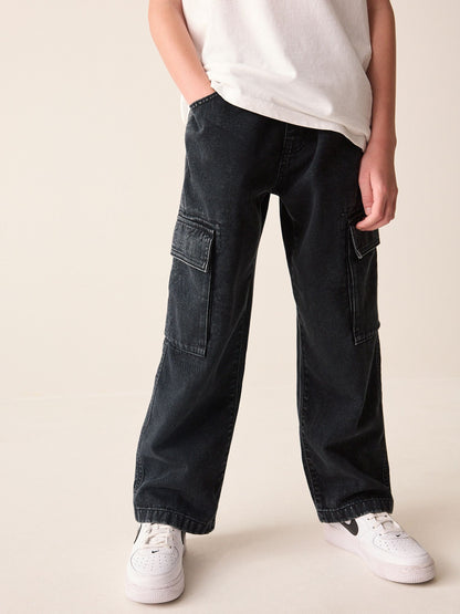 Dark Grey Denim Wide Fit Pull On Cargo Trousers (3-16yrs) - image 3