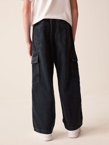 Dark Grey Denim Wide Fit Pull On Cargo Trousers (3-16yrs) - image 4