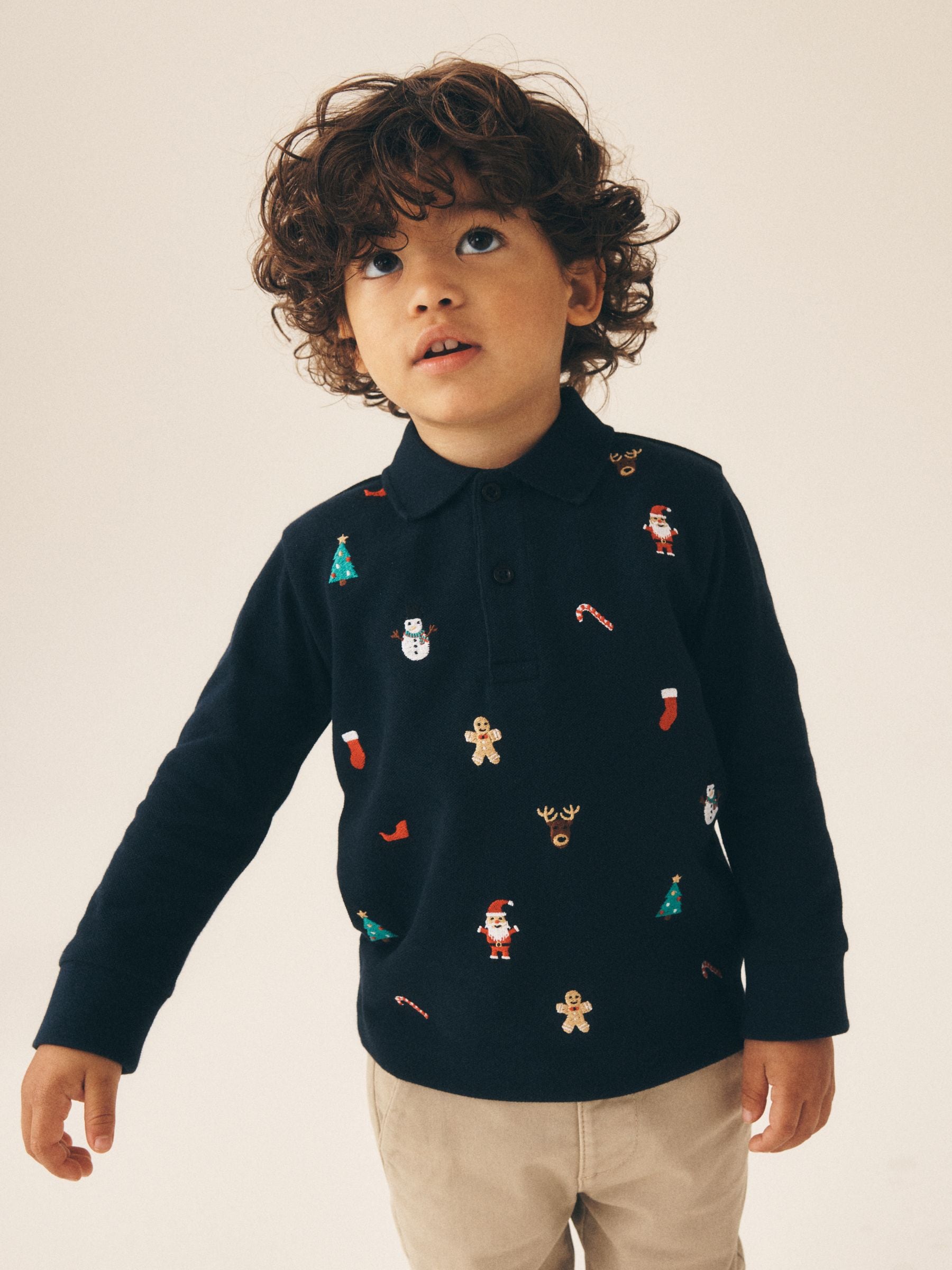 Dsiney Kidz - Navy Long Sleeve Christmas Embroidered Polo Shirt (3mths-7yrs) image 1