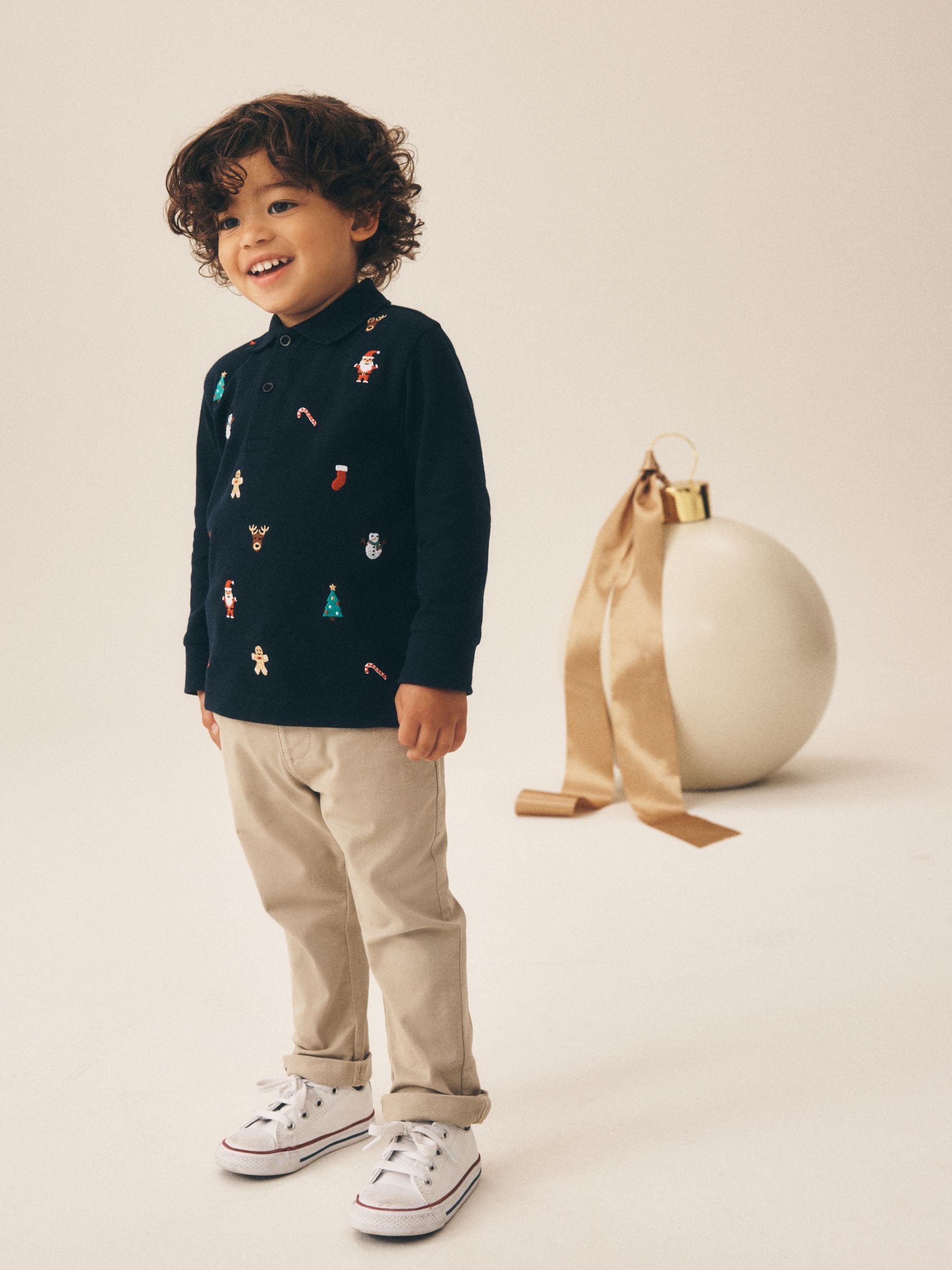 Dsiney Kidz - Navy Long Sleeve Christmas Embroidered Polo Shirt (3mths-7yrs) image 2