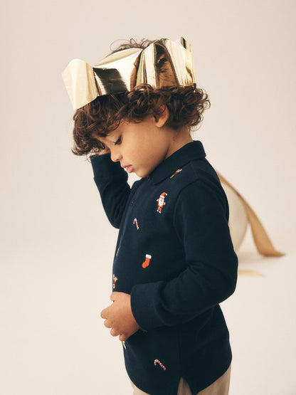 Dsiney Kidz - Navy Long Sleeve Christmas Embroidered Polo Shirt (3mths-7yrs) image 4