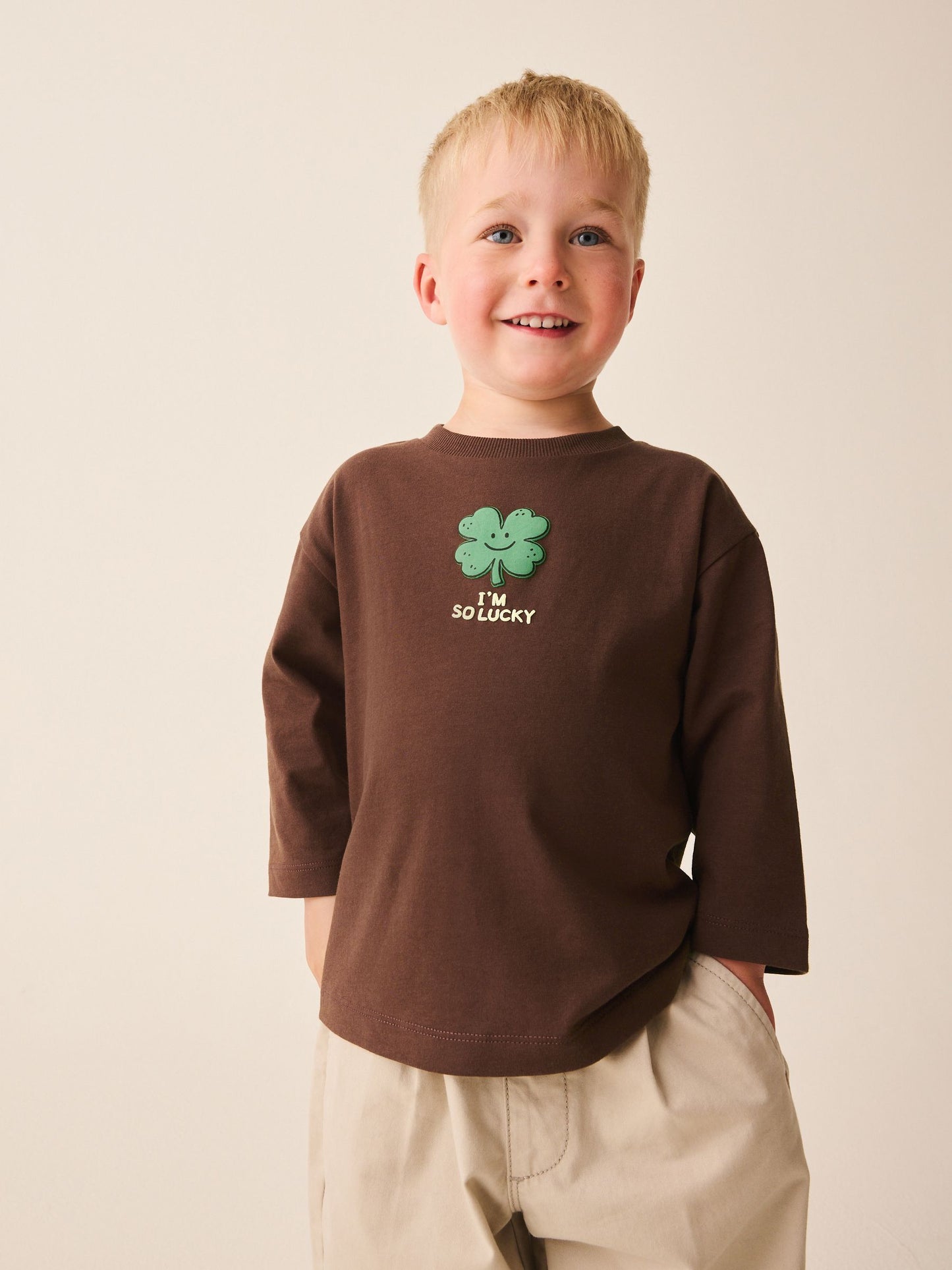 Dsiney Kidz - Brown I'm So Lucky Four Leaf Clover Long Sleeve Small Graphic Printed T-Shirt (3mths-7yrs) image 1