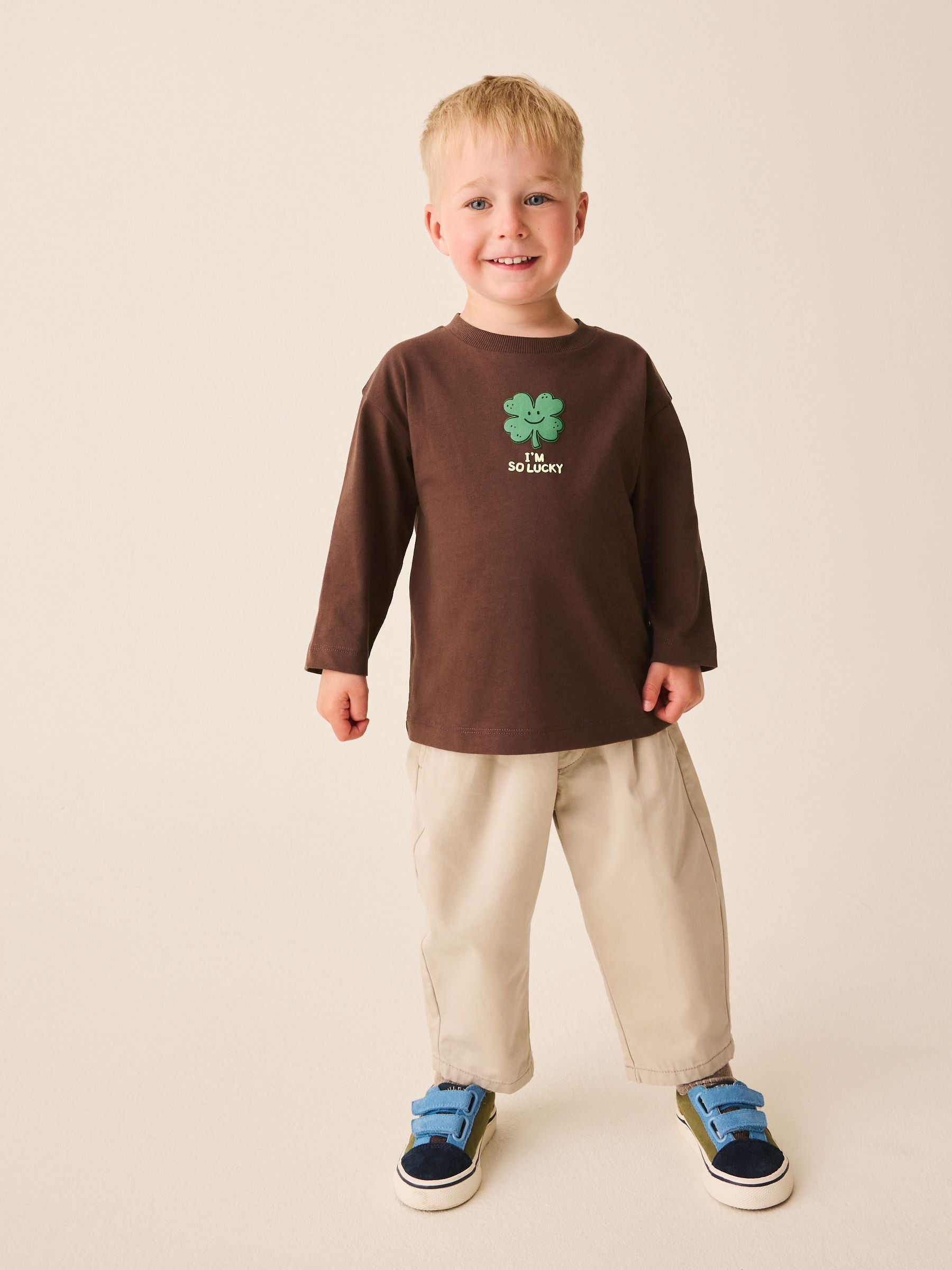 Dsiney Kidz - Brown I'm So Lucky Four Leaf Clover Long Sleeve Small Graphic Printed T-Shirt (3mths-7yrs) image 2
