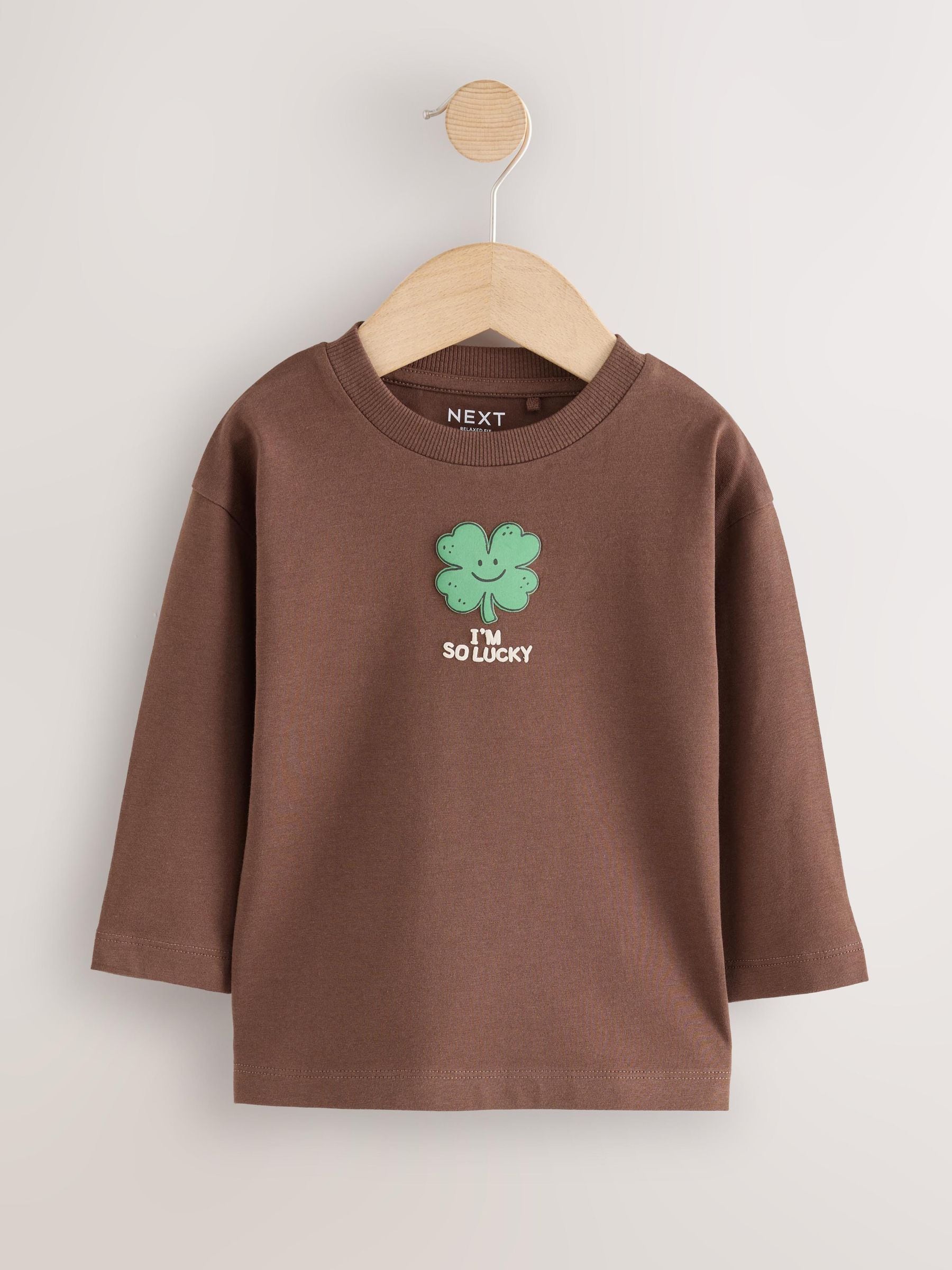 Dsiney Kidz - Brown I'm So Lucky Four Leaf Clover Long Sleeve Small Graphic Printed T-Shirt (3mths-7yrs) image 5