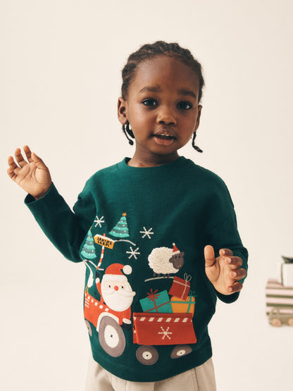 Dsiney Kidz - Dark Green Santa Interactive Tractor Long Sleeve Christmas T-Shirt (3mths-7yrs) image 1