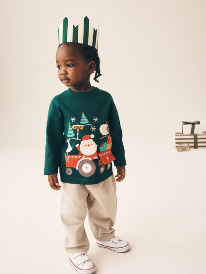 Dsiney Kidz - Dark Green Santa Interactive Tractor Long Sleeve Christmas T-Shirt (3mths-7yrs) image 2