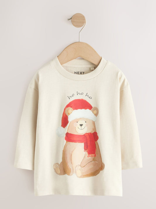 Dsiney Kidz - Cream Bear with Santa Hat Long Sleeve Christmas T-Shirt (3mths-7yrs) image 1