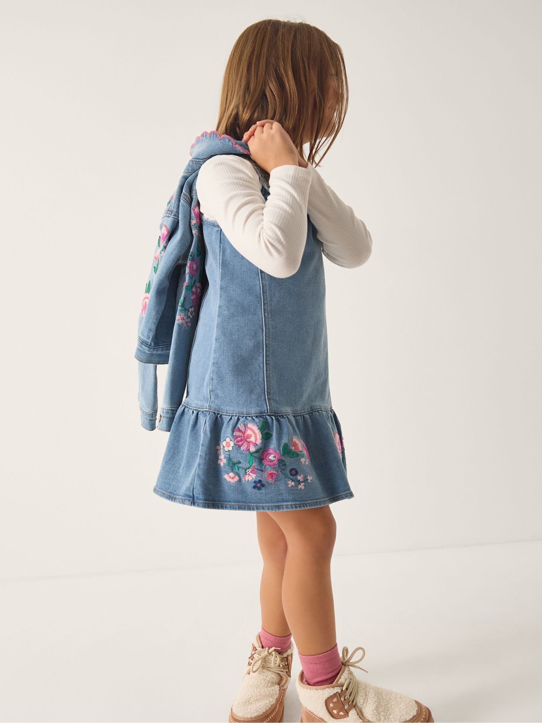 Monsoon Blue Embroidered Frill Denim Dress image 1
