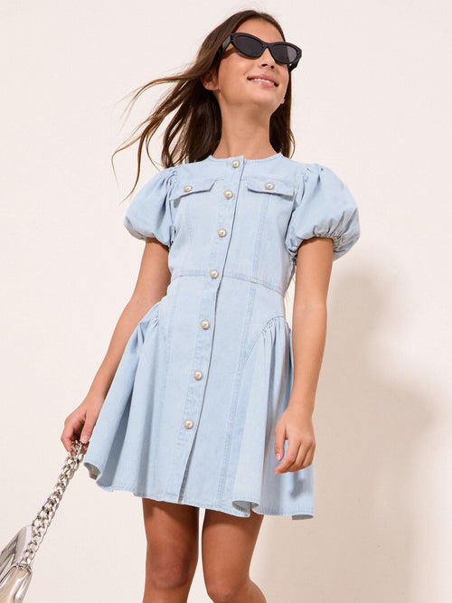 Dsiney Kidz - Lipsy Light Wash Blue Denim Puff Sleeve Diamonte Dress (5-16yrs) image 1