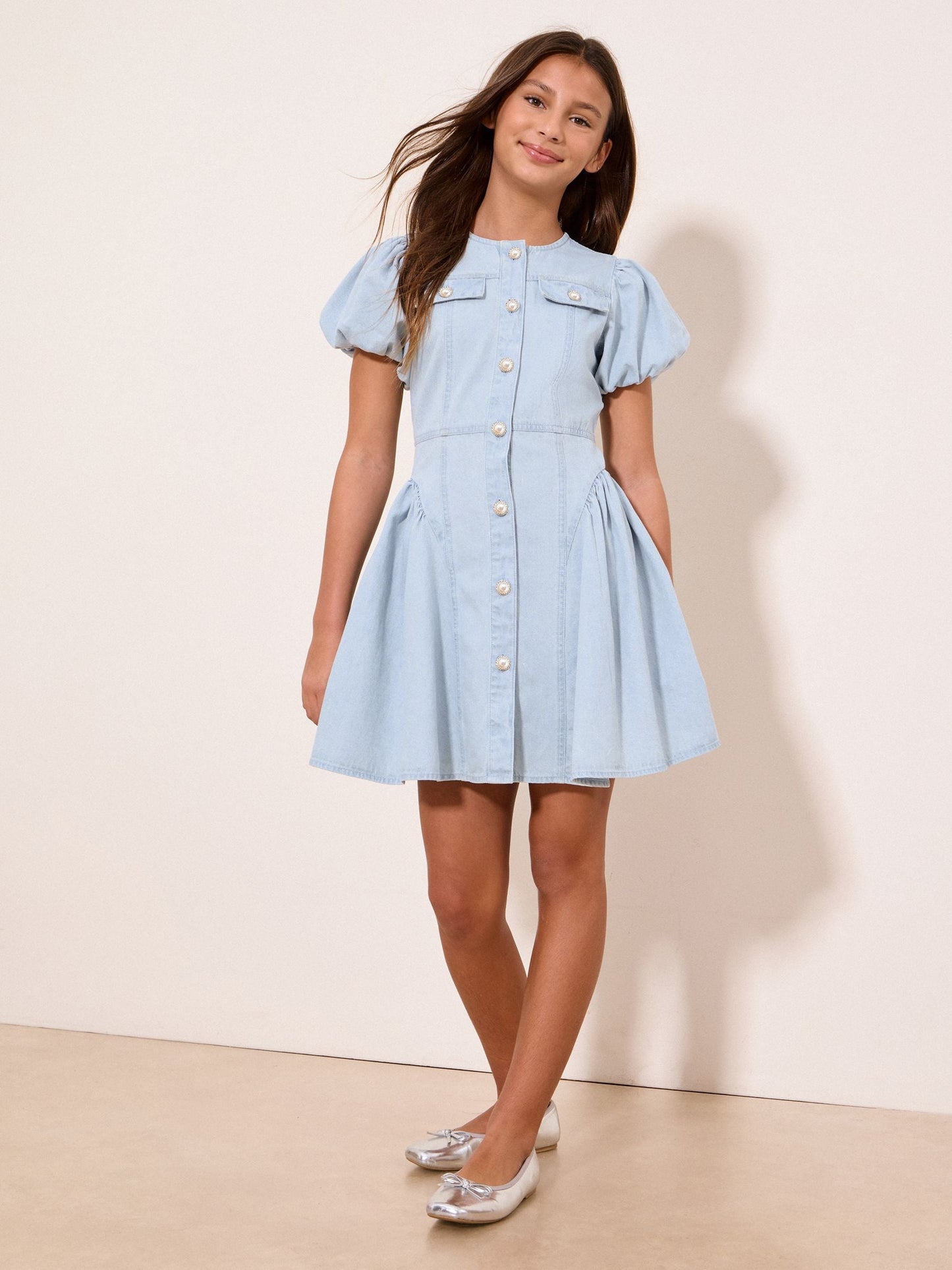 Lipsy Light Wash Blue Denim Puff Sleeve Diamonte Dress (5-16yrs) image 3