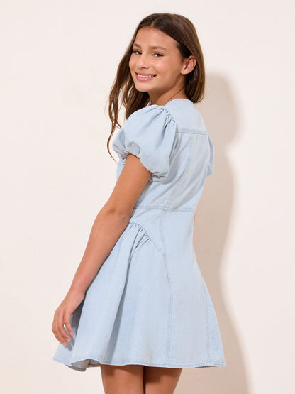 Lipsy Light Wash Blue Denim Puff Sleeve Diamonte Dress (5-16yrs) image 4