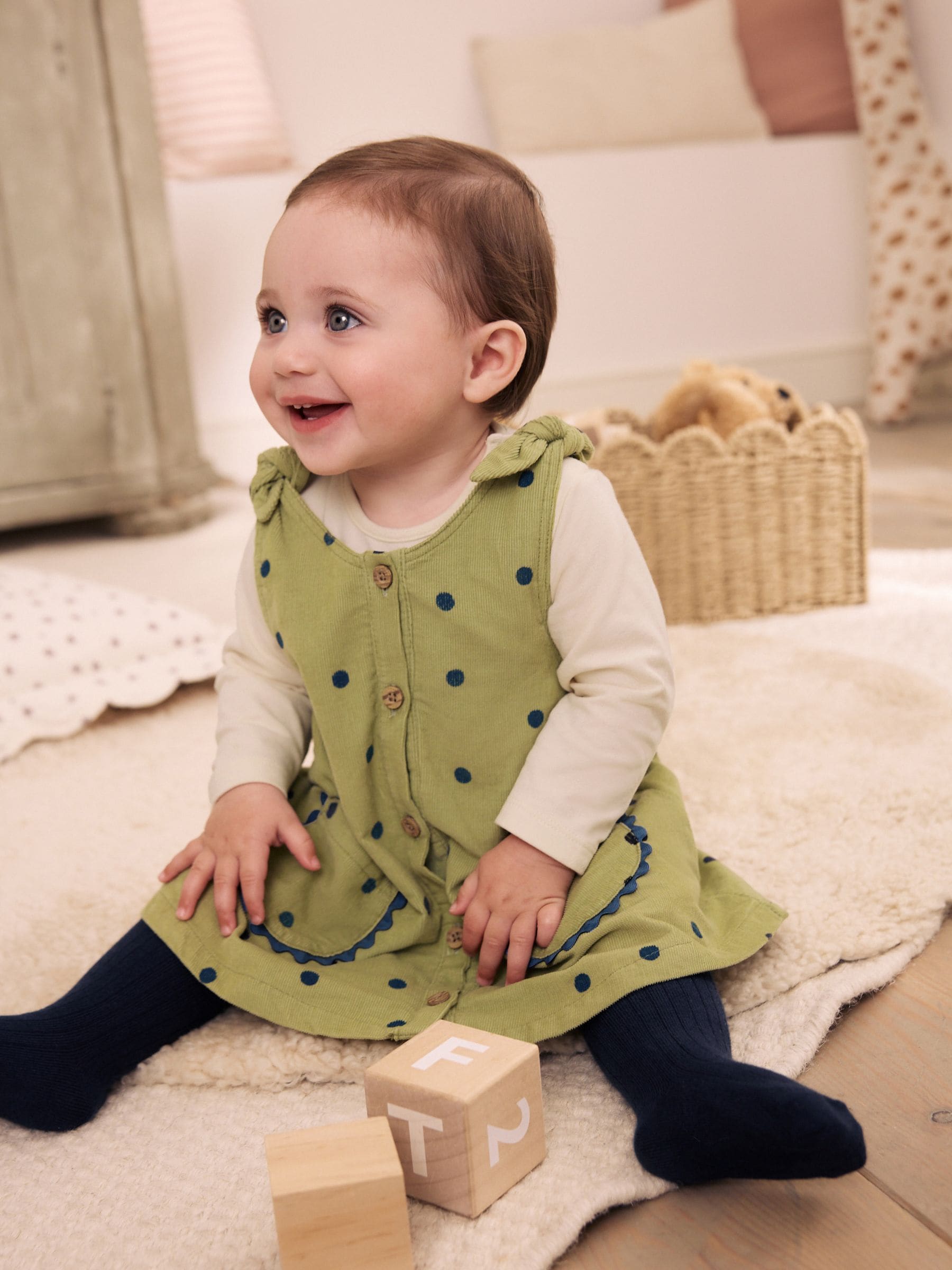 Dsiney Kidz - Green Spot Baby Pinafore Long Sleeve Bodysuit And Tights 3 Piece Set (0mths-2yrs) image 1