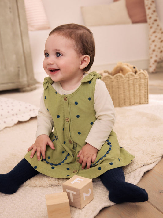 Dsiney Kidz - Green Spot Baby Pinafore Long Sleeve Bodysuit And Tights 3 Piece Set (0mths-2yrs) image 1