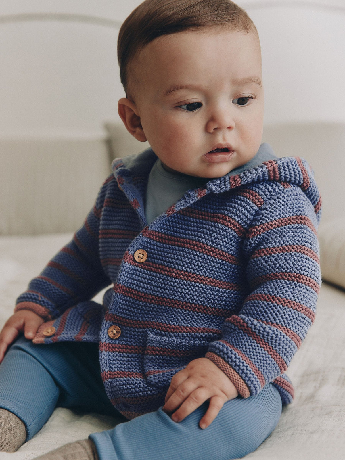 Blue & Burgundy Stripe Knitted Baby Cardigan (0mths-2yrs) - image 1
