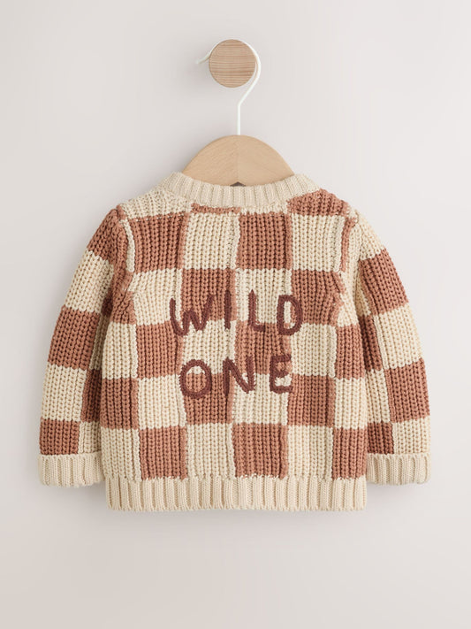 Tan/Ecru Checkerboard Embroidered Slogan Knitted Baby Cardigan (0mths-2yrs) - image 1