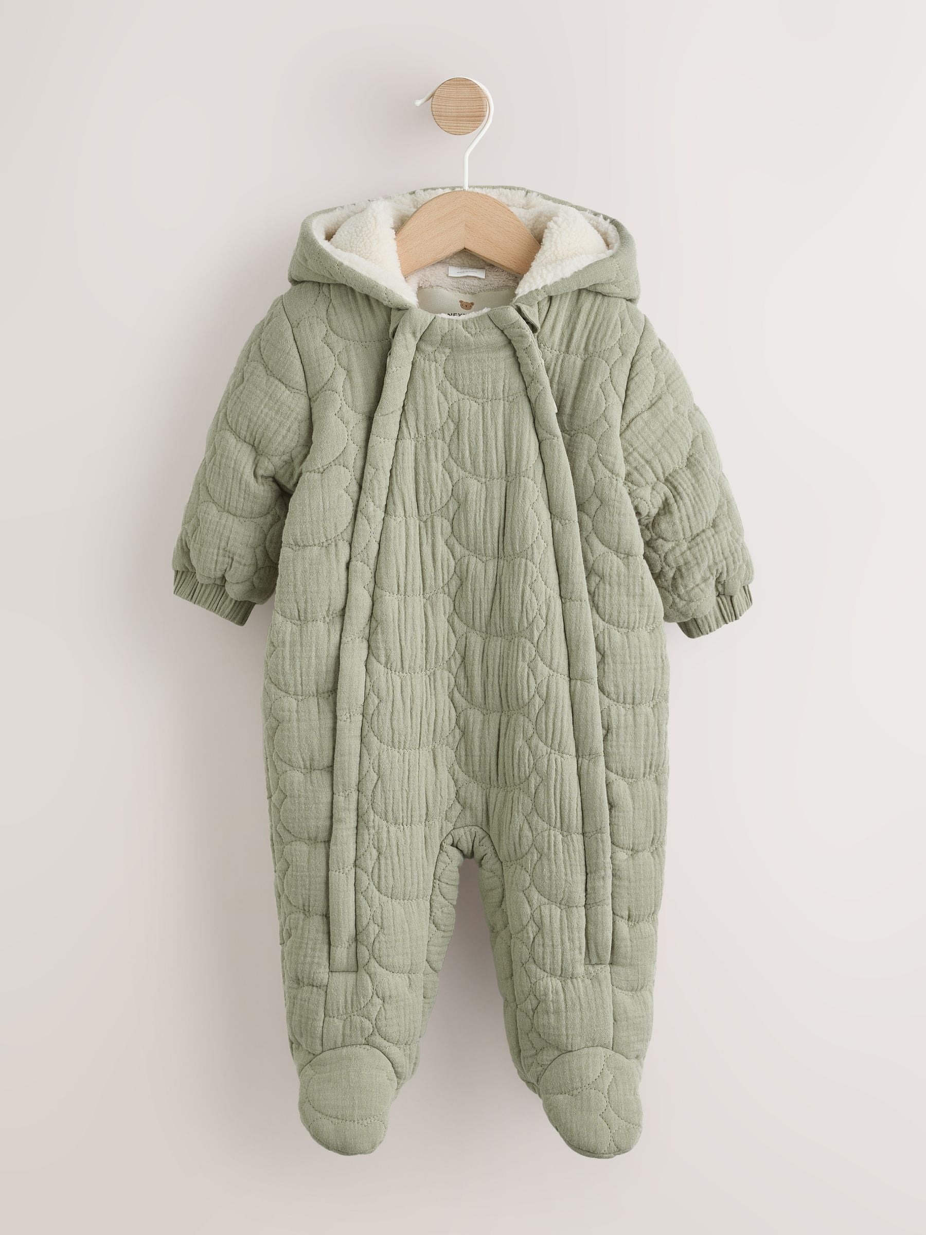 Green Crinkle Bear Face Quilted Baby Pramsuit (0mths-2yrs) image 1