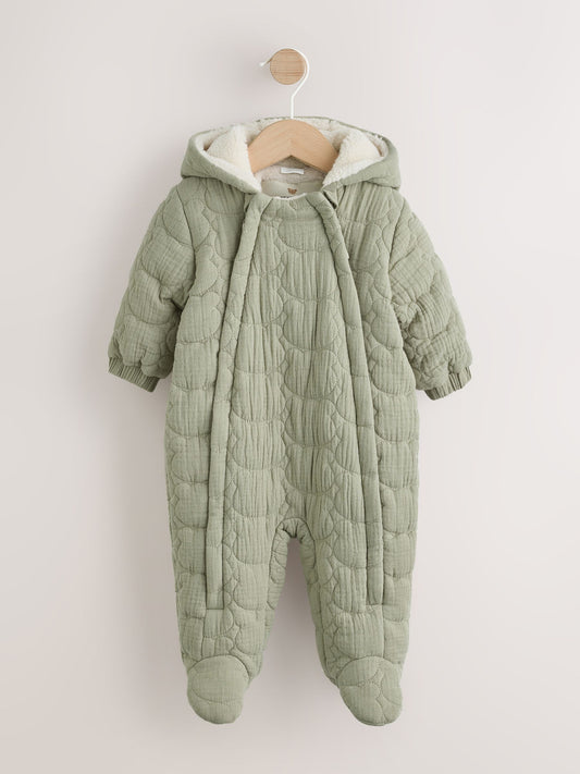 Green Crinkle Bear Face Quilted Baby Pramsuit (0mths-2yrs) image 1