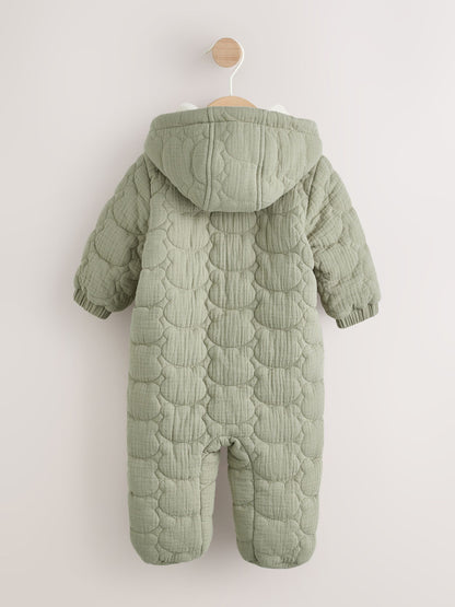 Green Crinkle Bear Face Quilted Baby Pramsuit (0mths-2yrs) image 2