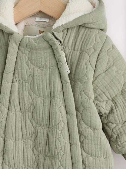 Green Crinkle Bear Face Quilted Baby Pramsuit (0mths-2yrs) image 3