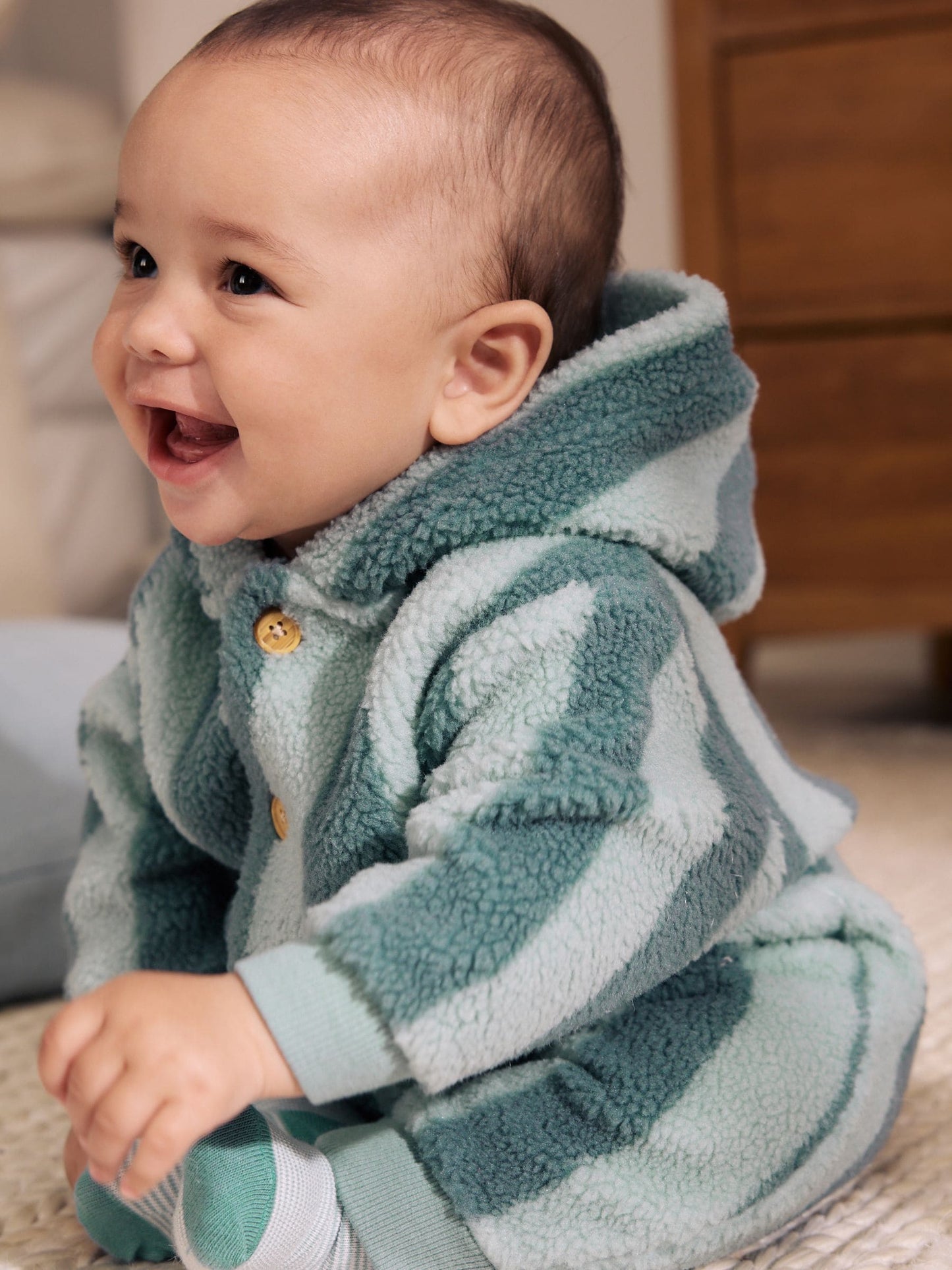 Blue Stripe Borg Button Hooded Baby Pramsuit (0mths-2yrs) image 1
