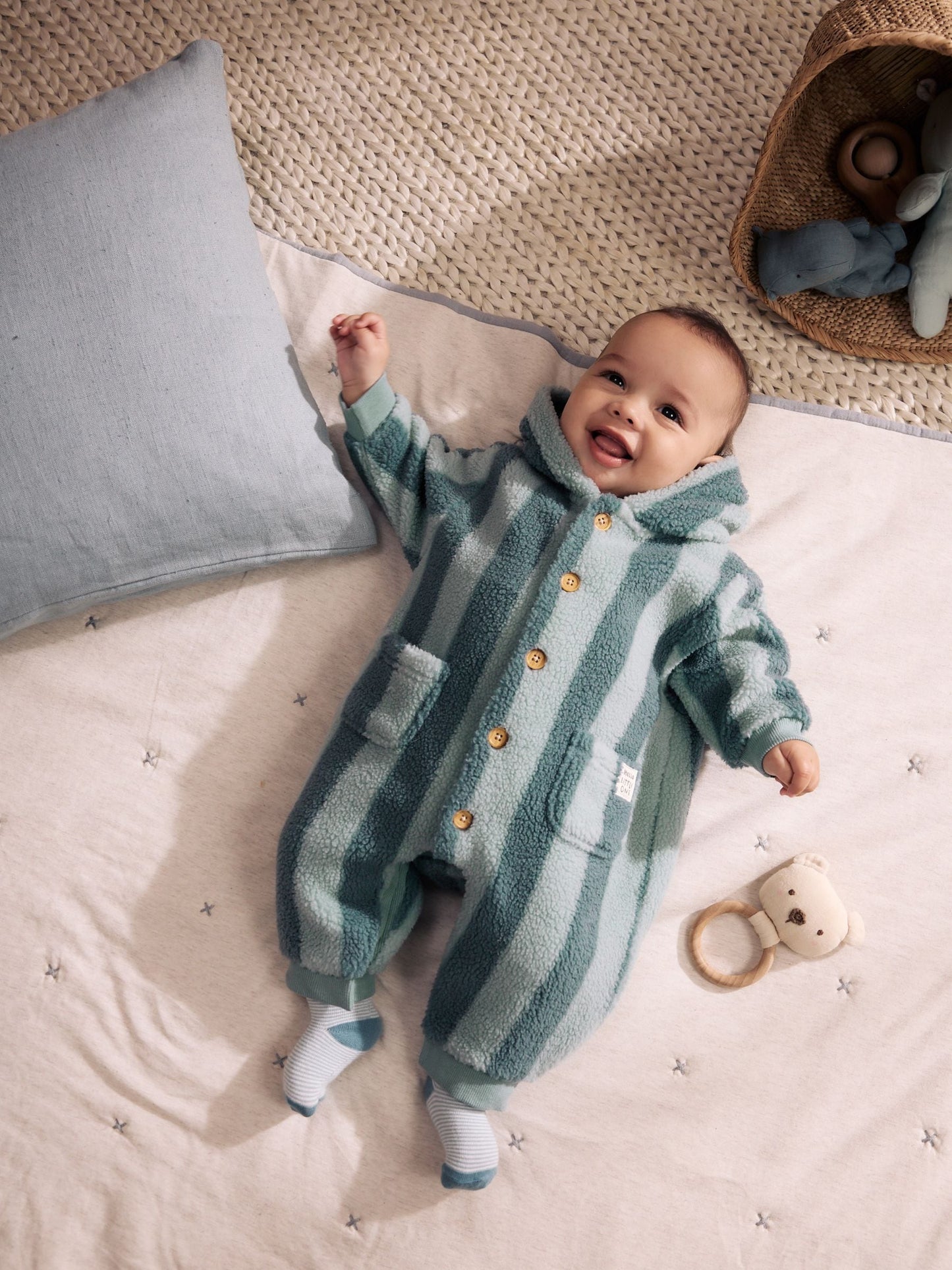 Blue Stripe Borg Button Hooded Baby Pramsuit (0mths-2yrs) image 2