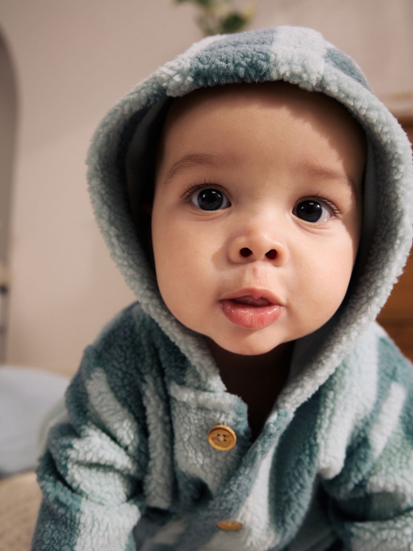Blue Stripe Borg Button Hooded Baby Pramsuit (0mths-2yrs) image 4