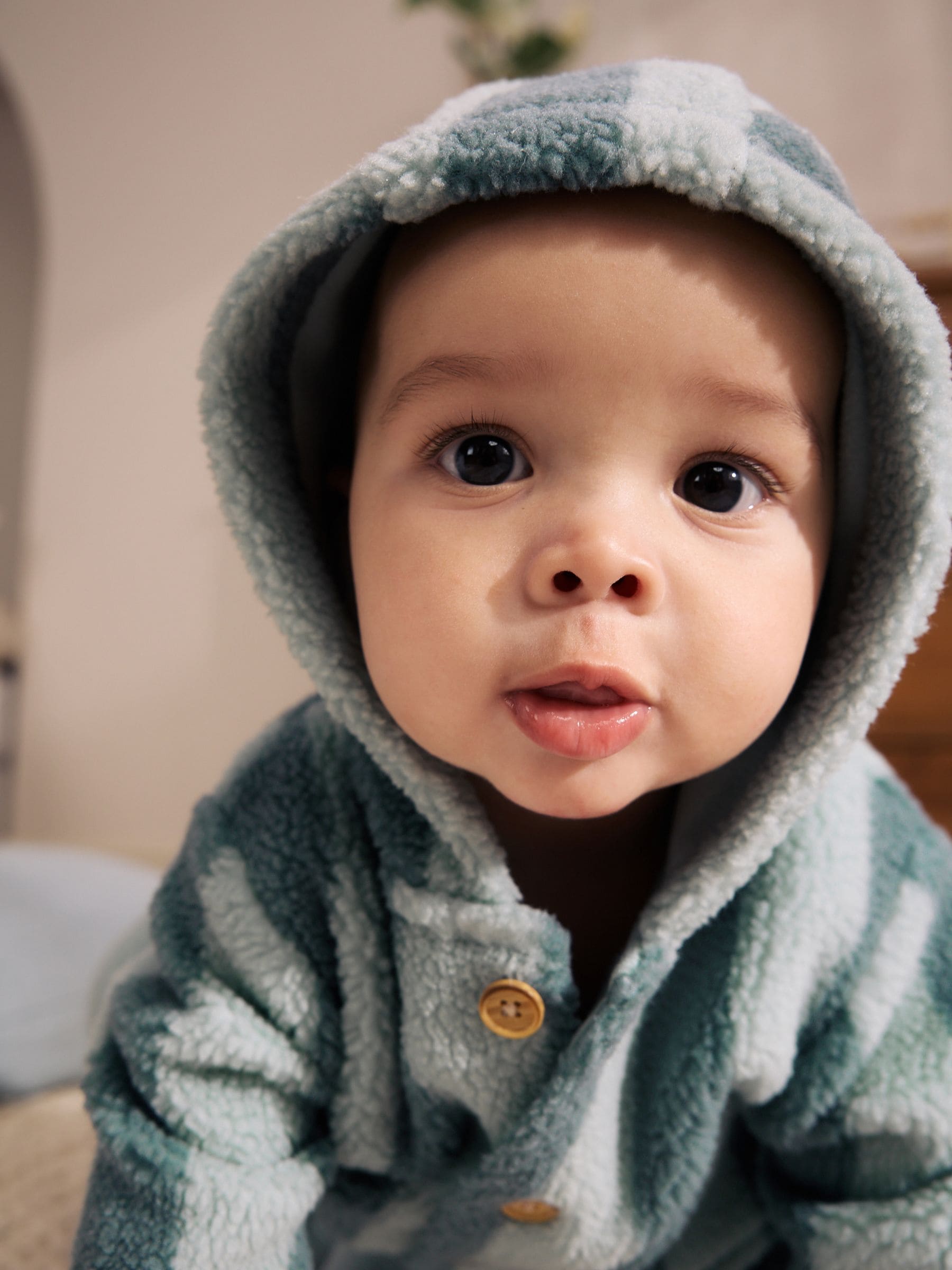 Blue Stripe Borg Button Hooded Baby Pramsuit (0mths-2yrs) image 4