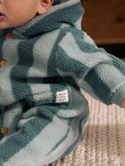 Blue Stripe Borg Button Hooded Baby Pramsuit (0mths-2yrs) image 6