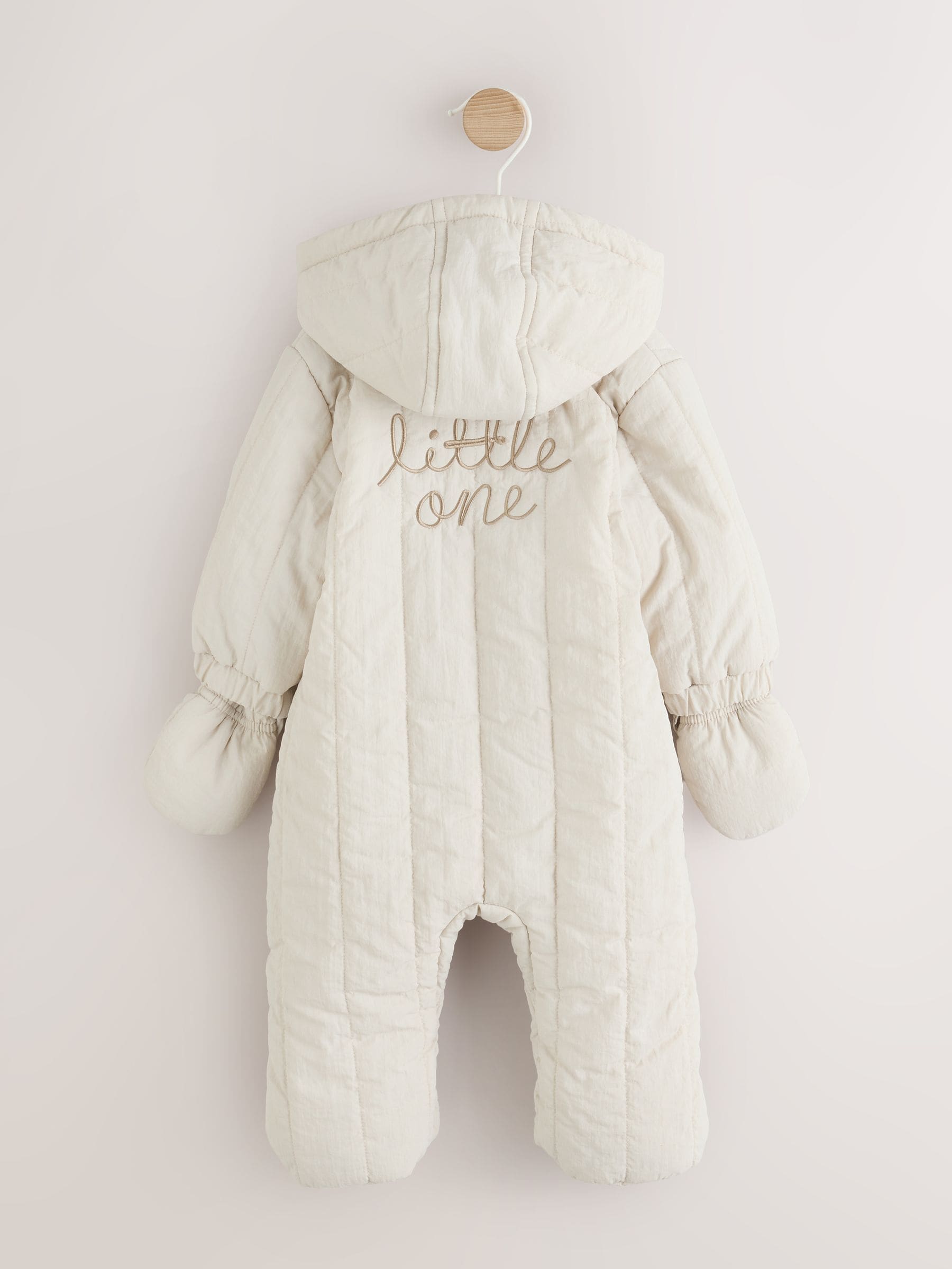 Cream Little One Back Slogan Quilted Nylon Pramsuit image 1