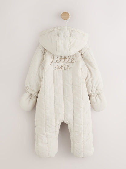 Cream Little One Back Slogan Quilted Nylon Pramsuit image 1