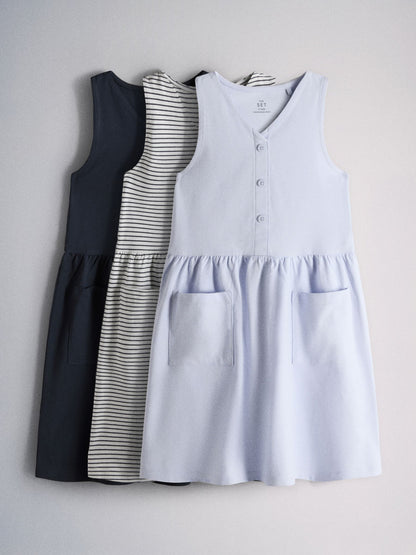 The Set 3 Pack Sleeveless Jersey Dresses with Pockets Blue/Navy/Stripe image 2