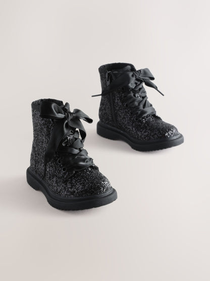 Black Glitter Standard Fit (F) Lace Up Ankle Boots image 1